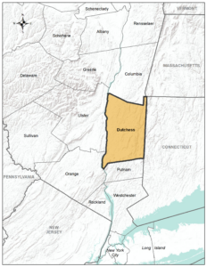 Figure 1.1: Dutchess County New York – A map of the south-eastern potion of NYS showing County boundaries is shown and Dutchess County is highlighted.