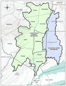 Figure 1.3: Dutchess County Watershed Map – A map of the south-eastern potion of NYS showing County boundaries is shown with Dutchess County outlined in the center, while showing the two watersheds that are within Dutchess County (the Hudson River Estuary Watershed to the west and the Housatonic River Watershed to the east) and the extent of their boundaries in the surrounding area.