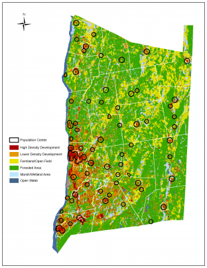 A map of Dutchess County is shown depicting the location of various land use types throughout the County. (List land use types that are on the legend here and explain that the majority is green (protected areas) and yellow (farmland) while most development occurring in the southwestern portion of the County.
